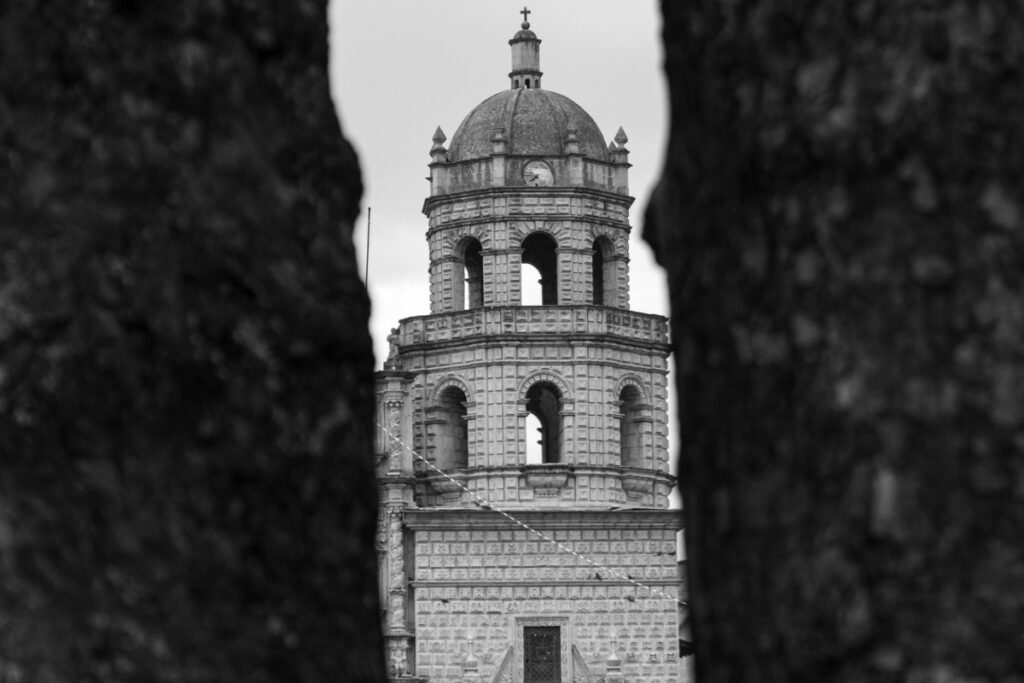 Esta imagen en blanco y negro muestra una torrecilla de un edificio, probablemente una catedral o un importante edificio histórico en Perú. La torrecilla tiene un detalle arquitectónico elaborado, con arcos y una cúpula en la parte superior. Está entre dos árboles, lo que le da una perspectiva interesante. Para las marcas en Perú, Snapchat puede ser una plataforma rentable. Compartiendo contenido exclusivo y atractivo, como imágenes de monumentos históricos como este, y siguiendo las estrategias que responden a la pregunta "Snapchat en Perú ¿Es rentable para las marcas", se pueden captar la atención de un público joven y activo, lo que puede llevar a una mayor interacción y, eventualmente, a un aumento de las ventas y la rentabilidad de la marca.